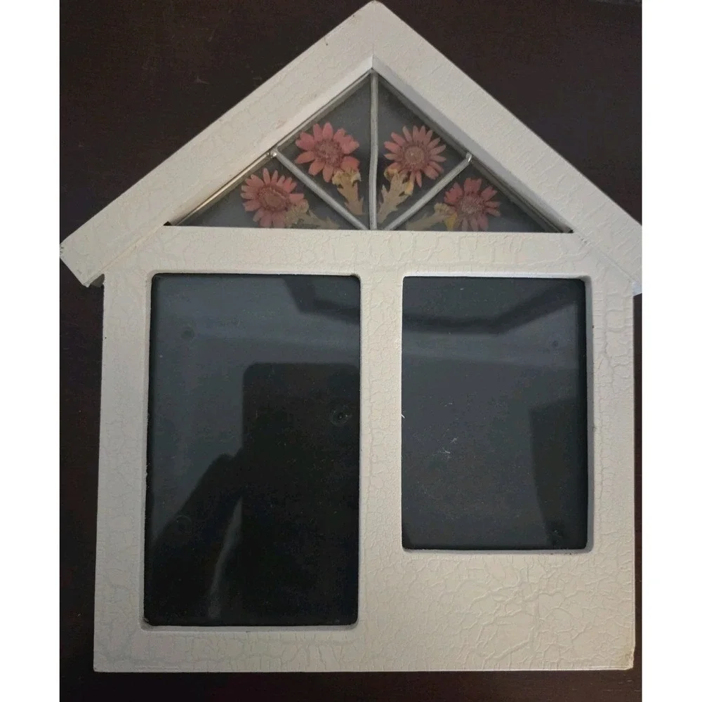 Vintage Photo Frame House Shaped Dried Pressed Flowers G1ass Holds 2 Pictures